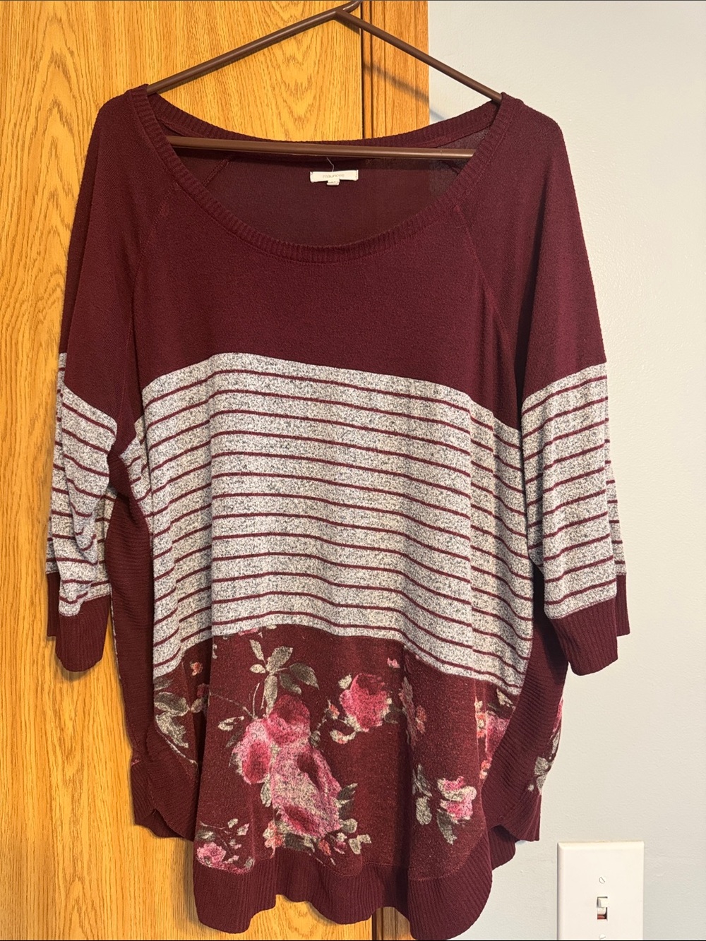Maurices Maroon Striped Floral Scoop Neck Sweater